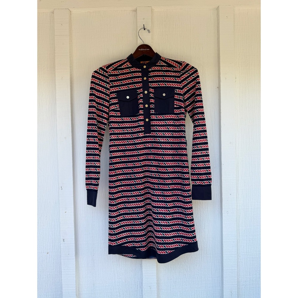 Tory Burch Printed Pullover Dress XS Striped Long Sleeve Utility Pocket